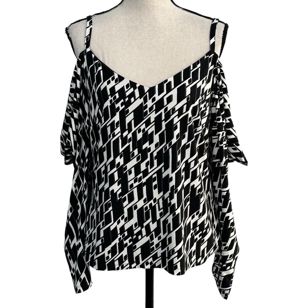 INC X-Large Top Cold-Shoulder Geometric Long Sleeves Stetch V-Neck Black Multi